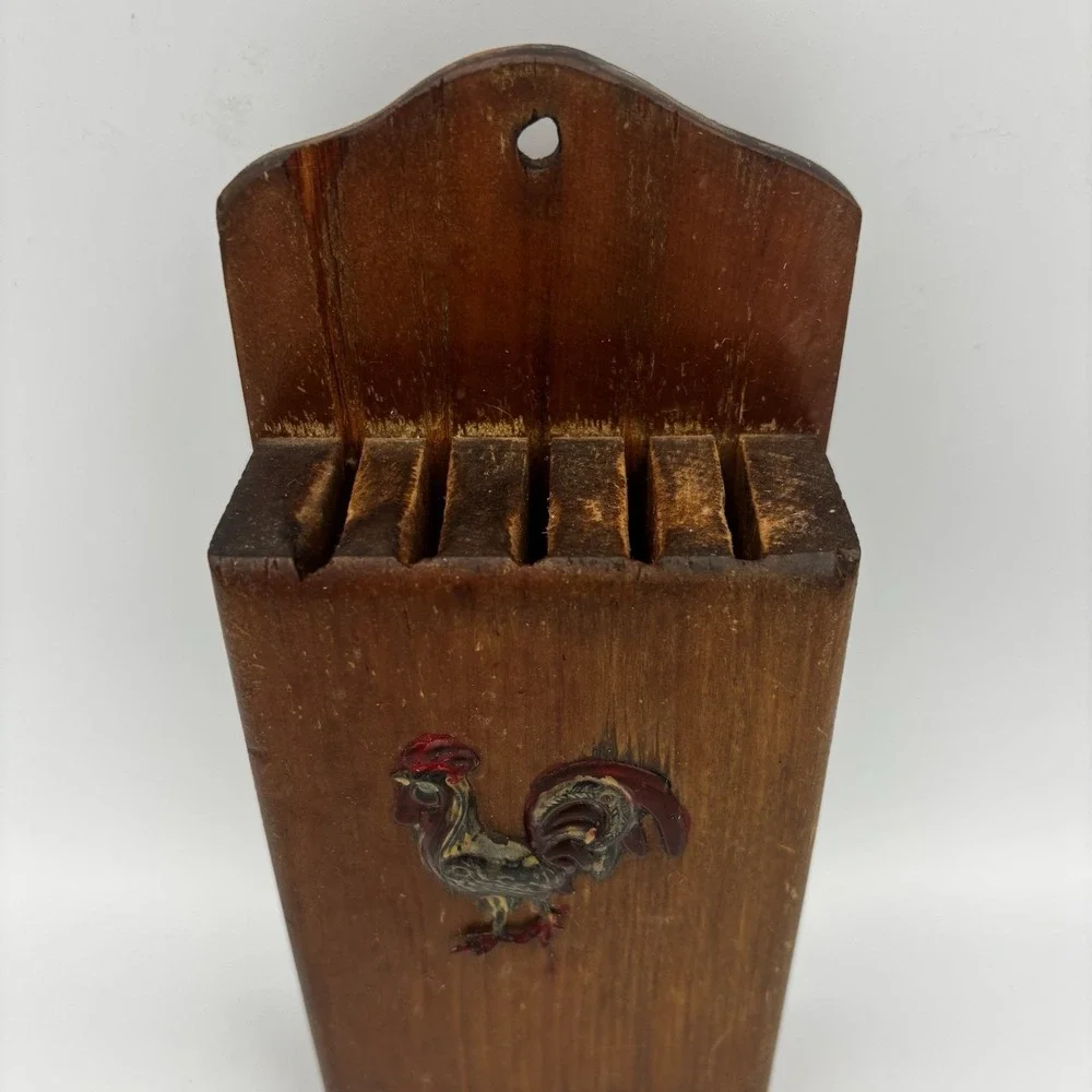 Vintage Victor Goldman Wood Knife Holder Copper Rooster Accent 5-Slots WallMount